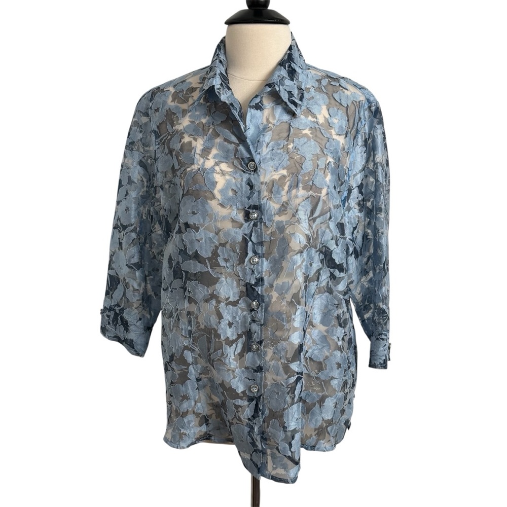 TanJay Women's Sheer Floral Burnout Pattern Front Button-Up Blouse Blue, Size 16